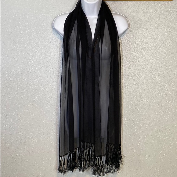 Elegant Black Sheer Wrap with Fringe Tassels & Beads - Picture 2 of 5